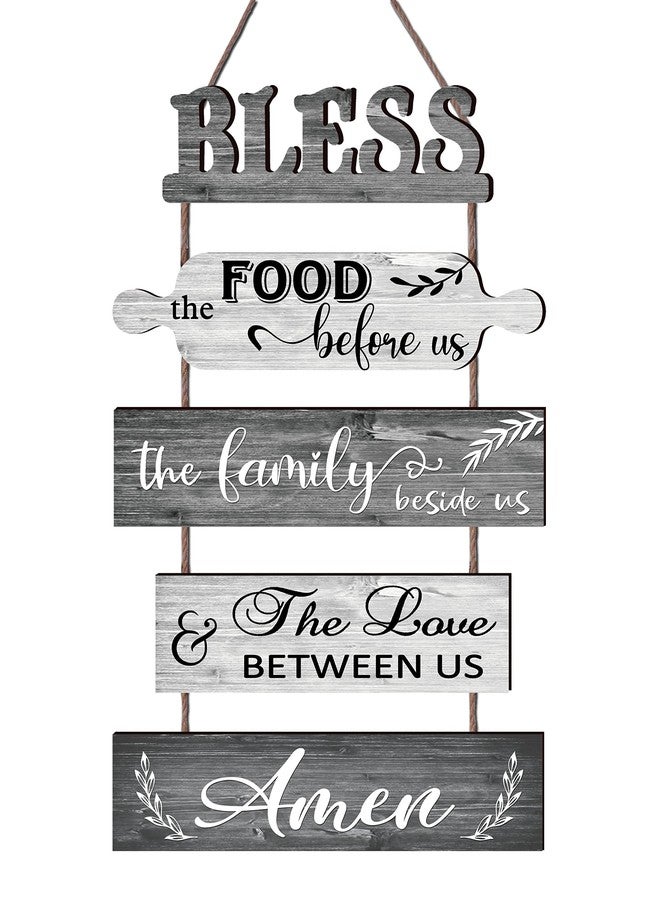 Buecasa Bless the Food Before Us Farmhouse Kitchen Wall Decor - Dining Room Decorations Collage Wall Art in White Grey Color - Wooden Rustic 5pcs Roped Wall Sign 13x24 Inches Vertical - Image 1